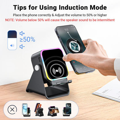 Revolutionary 5-in-1 Wireless Induction Speaker Stand with 3500mAh Power Bank and 360° Adjustable Design - Perfect for Music Lovers and Tech Enthusiasts