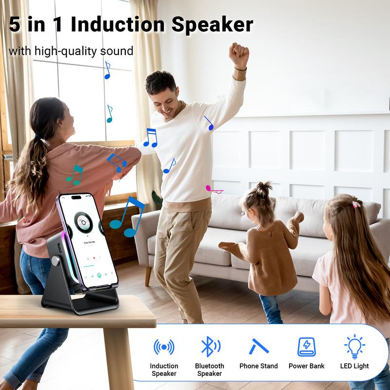 Revolutionary 5-in-1 Wireless Induction Speaker Stand with 3500mAh Power Bank and 360° Adjustable Design - Perfect for Music Lovers and Tech Enthusiasts